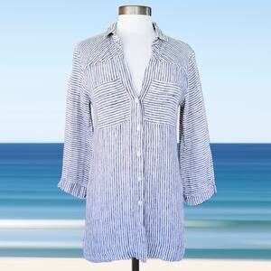 Touche Balneaire Blue White Stripe Linen Beach Coverup Button Down Top XS